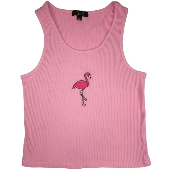 Dolls Kill Tops - Delia’s Pink Flamingo Ribbed Crop Tank Top